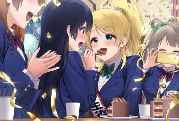 4girls ^_^ absurdres ayase_eli birthday birthday_cake black_hair blazer blonde_hair blue_eyes blue_jacket blush bow bowtie breasts brown_hair cake cake_slice character_request closed_eyes collared_shirt commentary_request confetti cup diagonal-striped_bow diagonal-striped_bowtie diagonal-striped_clothes disposable_cup eye_contact feeding food fork glint green_bow green_bowtie grey_hair hair_bow hair_ornament hair_scrunchie hand_up happy_birthday high_ponytail highres holding holding_fork holding_phone jacket long_hair looking_at_another love_live! love_live!_school_idol_project medium_hair minami_kotori multiple_girls nanatsu_no_umi open_mouth otonokizaka_school_uniform parted_bangs phone plate ponytail school_uniform scrunchie shirt sideways_mouth small_breasts sonoda_umi straight_hair striped_bow striped_bowtie striped_clothes taking_picture triangle_mouth white_scrunchie white_shirt wing_collar winter_uniform yellow_eyes