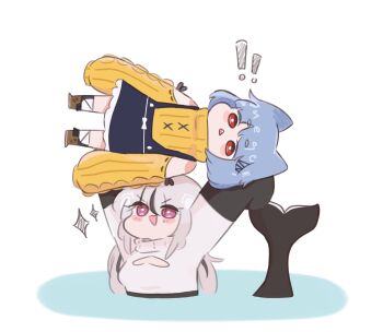 ! !! 2girls :< :d arms_up artist_self-insert bare_shoulders black_hair black_skirt blush_stickers boots breasts brown_footwear cetacean_tail chonkyorca cleavage_cutout clothing_cutout commentary english_commentary fins fish_tail grey_hair heart_cutout highres lifting_person long_hair long_sleeves low_twintails medium_breasts multicolored_hair multiple_girls neqo_(character) open_mouth orca_(chonkyorca) original parted_lips partially_submerged puffy_long_sleeves puffy_sleeves purple_eyes red_eyes ribbed_sweater shoulder_cutout simple_background skirt sleeves_past_fingers sleeves_past_wrists smile socks streaked_hair suspender_skirt suspenders sweater tail teeth triangle_mouth turtleneck turtleneck_sweater twintails upper_teeth_only v-shaped_eyebrows very_long_hair water white_background white_socks white_sweater yellow_sweater