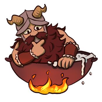 1boy beard deformed dungeon_meshi dwarf facial_hair fake_horns hand_on_own_chin helmet highres horned_helmet horns lamon-art long_beard male_focus mustache senshi_(dungeon_meshi) single_flame solo stroking_own_chin thick_mustache thinking very_long_beard wok