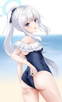 1girl absurdres adjusting_clothes adjusting_swimsuit ass beach blue_archive blue_halo blue_one-piece_swimsuit breasts casual_one-piece_swimsuit commentary_request cowboy_shot frilled_one-piece_swimsuit frills from_behind grey_hair halo highres horizon kurota_kuroki long_hair looking_at_viewer looking_back miyako_(blue_archive) miyako_(swimsuit)_(blue_archive) ocean off-shoulder_one-piece_swimsuit off_shoulder official_alternate_costume one-piece_swimsuit ponytail purple_eyes small_breasts solo swimsuit two-tone_one-piece_swimsuit