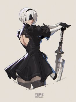 1girl 2b_(nier:automata) ass back_cutout black_dress black_gloves black_hairband black_thighhighs blindfold boots breasts clothing_cutout covered_eyes dress feather-trimmed_sleeves feather_trim from_behind gloves hairband highres juliet_sleeves long_sleeves mole mole_under_mouth nier:automata nier_(series) pepedraws puffy_sleeves short_hair solo thighhighs thighhighs_under_boots weapon white_hair