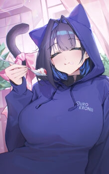 1girl absurdres animal_ears animal_hood black_hair blue_eyes blue_hair blue_hoodie bow breasts cat_ears cat_girl cat_hood cat_tail closed_mouth colored_inner_hair commentary eating english_commentary hair_intakes highres holding holding_spoon hololive hololive_english hood hood_up hoodie indoors large_breasts multicolored_hair ouro_kronii short_hair solo spoon tail tail_bow tail_ornament virtual_youtuber yoellim5