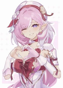 1girl ;) beret breasts cleavage commentary earrings elf elysia_(hi_love_elf)_(honkai_impact) elysia_(honkai_impact) four-finger_heart_hands gloves hat heart heart_earrings heart_hands highres honkai_(series) honkai_impact_3rd jewelry large_breasts long_hair looking_at_viewer one_eye_closed pink_hair pointy_ears purple_eyes single_glove smile solo suwa_(swk_kkk) symbol-only_commentary very_long_hair white_background white_gloves