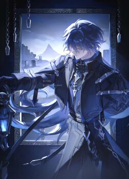 1boy absurdres antenna_hair artist_name black_capelet black_coat black_gloves black_ribbon blue_fire blue_hair bluesky_username capelet chain closed_mouth coat collared_capelet crossed_bangs fire flins_(genshin_impact) floating_hair genshin_impact gloves gradient_hair hair_between_eyes hand_up hashtag-only_commentary highres holding holding_lantern indoors lantern light_particles long_hair long_sleeves looking_at_viewer male_focus multicolored_hair neglow outstretched_arm picture_frame purple_shirt ribbon shirt sleeve_cuffs smile solo standing tombstone twitter_username very_long_hair yellow_eyes