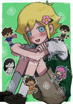 Rule 34 | 2026, 2girls, 4boys, :d, ^ ^, antenna hair, aubrey (faraway) (omori), aubrey (omori), bare arms, bare legs, basil (faraway) (omori), basil (omori), black shirt, black shoes, black sweater vest, blonde hair, blue eyes, blue hairband, blue shirt, blue shoes, blue skirt, border, bow hairband, bright pupils, brother and sister, brothers, brown eyes, brown hair, brown shorts, cake, chibi, chibi inset, closed eyes, closed mouth, collared shirt, colored eyelashes, colored skin, dark-skinned male, dark skin, dated, double-parted bangs, dress, english text, fingernails, flipped hair, floral background, flower, food, fork, fruit, full body, green background, green hat, green sweater vest, grey hat, grey pants, grin, hair behind ear, hair between eyes, hair flower, hair ornament, hairband, happy birthday, hashtag-only commentary, hat, hero (faraway) (omori), hero (omori), heterochromia, highres, holding, holding flower, holding fork, holding party popper, holding plate, hugging own legs, jacket, kel (faraway) (omori), kel (omori), kneehighs, knees up, leaf, leg hair, loafers, long hair, long sleeves, mari (omori), mari (spirit) (omori), midriff, miniskirt, multiple boys, multiple girls, multiple hats, no sclera, omori, open clothes, open jacket, open mouth, orange shoes, orange shorts, orange tank top, outline, outside border, pants, party hat, party popper, pink flower, pink hair, plate, shirt, shoes, short hair, short sleeves, shorts, siblings, sidelocks, simple background, sitting, skirt, smile, socks, solo focus, spoilers, straight hair, strawberry, strawberry cake, striped hat, sunflower, sunny (omori), sweater vest, tamponade, tank top, tareme, very long hair, very short hair, white border, white dress, white eyes, white jacket, white outline, white pupils, white shirt, white skin, white socks, yellow hat