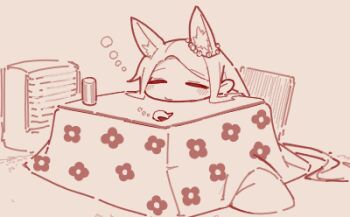 Rule 34 | 1girl, absurdly long hair, animal ear fluff, animal ears, anonymous (japanese), blue archive, chibi, closed mouth, flower, fox ears, hair flower, hair ornament, imageboard colors, kotatsu, long hair, lowres, monochrome, no halo, parted bangs, red theme, seia (blue archive), sidelocks, simple background, sleeping, solo, table, very long hair