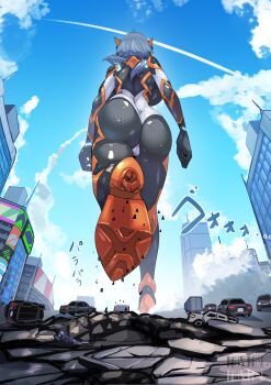 1girl absurdres ass black_bodysuit blue_hair blue_sky bodysuit clenched_hand debris from_behind giant giantess grey_bodysuit highres missing_commentary natsukaze_shigure original outdoors sky solo_focus walking