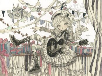 1girl acrylic_paint_(medium) angel_wings beret blonde_hair blunt_bangs blush boots bow bracelet braid bunting chandelier commentary_request cross cross_necklace curly_hair curtains dress electric_guitar frilled_dress frilled_headwear frills full_body gothic_lolita green_eyes guitar guitar_strap hair_bow hair_ribbon hairband half-closed_eyes hand_up hat highres holding holding_guitar holding_instrument instagram_logo instagram_username instrument jewelry karintoun knee_boots layered_skirt lolita_fashion long_eyelashes long_hair long_sleeves looking_at_viewer mini_wings music neck_ribbon necklace open_mouth original painting_(medium) pale_skin pastel_colors petticoat playing_guitar playing_instrument pointing postmark ribbon ring signature sitting sitting_on_table skirt solo traditional_media twin_braids twitter_username twitter_x_logo watercolor_(medium) watermark wings