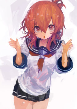 1girl absurdres black_sailor_collar black_skirt brown_eyes brown_hair commentary cowboy_shot folded_ponytail hair_between_eyes highres inazuma_(kancolle) kaamin_(mariarose753) kantai_collection looking_at_viewer miniskirt neckerchief open_mouth pleated_skirt red_neckerchief sailor_collar school_uniform serafuku simple_background skirt solo white_background