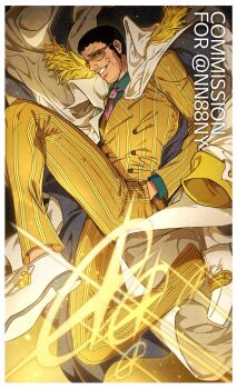 1boy 6cheetah black_hair coat coat_on_shoulders epaulettes facial_hair formal_clothes hand_in_pocket highres kizaru_(one_piece) leg_up looking_at_viewer male_focus mature_male midair mustache_stubble one_piece orange-tinted_eyewear pants photokinesis short_hair smirk solo stubble suit sunglasses thick_eyebrows tinted_eyewear