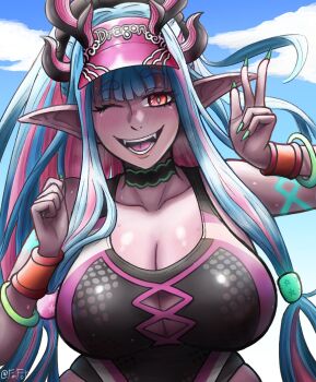 1girl absurdres blue_hair bracelet breasts cleavage cleavage_cutout clothing_cutout collar colored_skin commentary dragon_girl dragon_horns english_commentary fangs fate/grand_order fate_(series) ferfot_art fingernails green_nails hair_ornament hat highres horns huge_breasts ibuki_douji_(fate) ibuki_douji_(swimsuit_berserker)_(fate) ibuki_douji_(swimsuit_berserker)_(first_ascension)_(fate) jewelry lips long_fingernails long_hair oni pink_hair pointy_ears purple_skin red_eyes