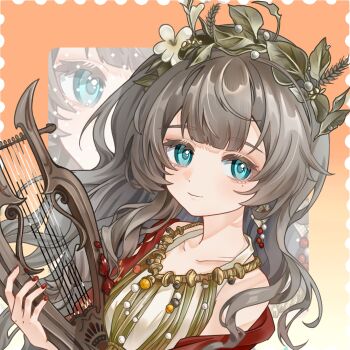 1girl blue_eyes brown_hair dress hand_up highres holding holding_instrument holding_lyre instrument laurel_crown long_hair lyre marcus_(reverse:1999) mole mole_under_eye official_alternate_costume orange_background red_nails reverse:1999 single_bare_shoulder smile solo upper_body wavy_hair white_dress xiaoyu_von