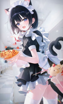 1girl @_@ absurdres animal_ears back_bow black_dress black_hair black_panties blurry blush bow cat_ears cat_tail commentary_request depth_of_field dress food hair_between_eyes hair_ornament hairclip highres holding holding_plate indoors looking_at_viewer maid maid_headdress myowa omelet omurice open_mouth original panties parfait plate purple_eyes restaurant short_hair short_sleeves solo standing tail tile_floor tiles underwear v-shaped_eyebrows white_bow