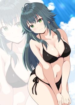 1girl antenna_hair bikini black_bikini breasts cleavage cowboy_shot gakuen_idolmaster green_eyes grey_hair hair_flaps idolmaster leaning_forward long_hair looking_at_viewer medium_breasts multiple_views ponzu_rui side-tie_bikini_bottom swimsuit tsukimura_temari zoom_layer
