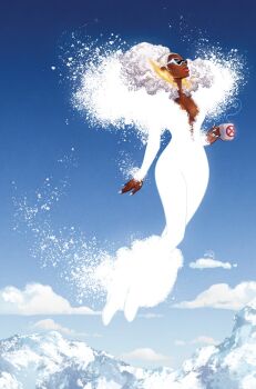 Rule 34 | 1girl, big hair, blue sky, bodysuit, boots, breasts, cleavage, cleavage cutout, clothing cutout, cloud, comic cover, commentary, cup, curly hair, dark-skinned female, dark skin, earrings, english commentary, floating, full body, hair pulled back, highres, holding, holding cup, jewelry, lightning bolt earrings, lightning bolt symbol, marvel, mountain, mug, official art, russell dauterman, sky, solo, storm (x-men), sunglasses, white bodysuit, white boots, white hair, white nails, white theme, x-men