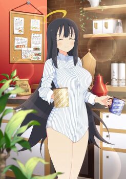 1girl ^_^ absurdly_detailed_composition black_hair breasts brick_wall bulletin_board casual chest_of_drawers closed_eyes coffee coffee_mug container cup dirt halo highres holding holding_cup indoors kettle kitchen large_breasts lens_flare light_particles loaded_interior long_hair long_sleeves mug no_pants note official_art paper plant potted_plant pushpin ryouki_(senran_kagura) senran_kagura senran_kagura_estival_versus senran_kagura_new_wave shirt smile solo sparkle standing striped_clothes striped_shirt vertical-striped_clothes vertical-striped_shirt very_long_hair vines white_shirt yaegashi_nan