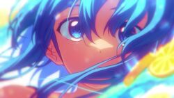 1girl animated audible_music blinking blue_eyes blue_hair food fruit gaida lemon lemon_slice looking_at_viewer solo sound tagme video water