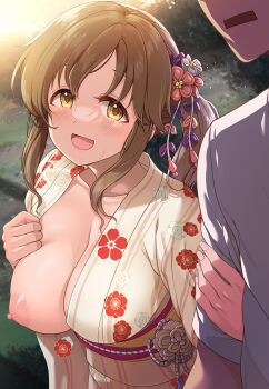 1boy 1girl :d blush breasts brown_hair cleavage collarbone commentary_request flashing floral_print hair_ornament highres idolmaster idolmaster_cinderella_girls japanese_clothes kimono large_breasts long_hair long_sleeves mk_(mod0) niiko_(gonnzou) nipples no_bra one_breast_out open_clothes open_kimono open_mouth oppai_challenge outdoors presenting_breasts shirt smile solo_focus totoki_airi white_shirt yellow_eyes yellow_kimono