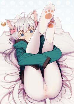 1girl :o ahoge animal_ear_fluff animal_ears bell blue_eyes blurry bow cameltoe cat_ears cat_tail crotch_seam depth_of_field earrings eromanga_sensei feet female_focus full_body hair_bow highres hood hooded_jacket izumi_sagiri jacket jewelry jingle_bell kemonomimi_mode legs_up long_hair looking_at_viewer lying no_shoes on_back pantyhose paw_print paw_print_socks paw_print_soles pillow pink_bow see-through_clothes see-through_legwear silver_hair single_earring soles solo tail very_long_hair weyowang white_pantyhose