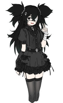 1girl bandages black_eyes black_hair cropped_legs eyepatch gothic_lolita hair_ornament highres houtengeki lolita_fashion long_hair looking_at_viewer original simple_background smile solo thighhighs white_background
