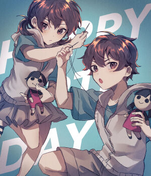 1boy 1girl :/ :o amamiya_hibiya asahina_hiyori black_footwear black_shirt black_shorts blue_shirt brown_eyes brown_hair brown_shorts casual character_doll closed_mouth commentary_request doll double-parted_bangs dress dual_persona feet_out_of_frame genderswap genderswap_(ftm) genderswap_(mtf) hand_up happy_birthday highres holding holding_doll holding_needle holding_sewing_needle holding_string hood hood_down hoodie kagerou_project leg_up blue_background light_blush light_frown looking_at_viewer low_twintails medium_hair miniskirt mokemoke_chan needle open_mouth partially_unzipped pinafore_dress pink_dress pink_shorts pleated_skirt sandals sewing sewing_needle shirt short_hair short_sleeves shorts skirt sleeveless sleeveless_dress sleeveless_hoodie string t-shirt text_background twintails vignetting white_hoodie zipper zipper_pull_tab