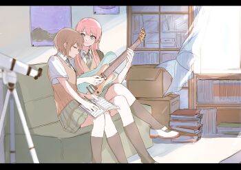 2girls bang_dream! bang_dream!_it&#039;s_mygo!!!!! black_socks brown_sweater_vest chihaya_anon closed_eyes closed_mouth clubroom collared_shirt commentary_request couch curtains electric_guitar green_necktie green_skirt grey_eyes grey_hair guitar highres indoors instrument kneehighs letterboxed long_hair looking_at_another multiple_girls music necktie on_couch parted_lips pink_hair plaid_clothes plaid_skirt playing_guitar playing_instrument poster_(object) shirt short_hair sitting skirt smile socks suudori sweater_vest takamatsu_tomori telescope white_shirt