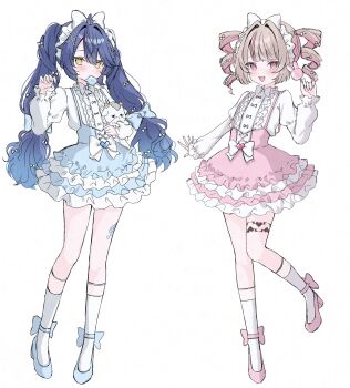 2girls ahoge alternate_costume amamiya_kokoro blue_hair blush bow brown_hair candy colored_inner_hair dress drill_hair fang flat_chest food frilled_dress frills hair_bow hair_intakes hair_ornament hair_ribbon high_heels highres holding holding_candy holding_food holding_lollipop juliet_sleeves kneehighs leg_tattoo lolita_fashion lollipop long_hair long_sleeves makaino_ririmu multicolored_hair multiple_girls multiple_hair_bows narrow_hips neko_(amamiya_kokoro) nijisanji pink_eyes pink_hair pointy_ears puffy_sleeves ribbon scales skin_fang socks streaked_hair tattoo twin_drills twintails warewa_tanaka x_hair_ornament yellow_eyes