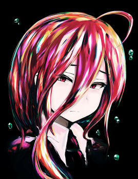 1other androgynous black_background cinnabar_(houseki_no_kuni) closed_mouth commentary_request expressionless hair_between_eyes houseki_no_kuni long_bangs long_hair looking_at_viewer other_focus peso_(cheese_company) portrait red_eyes red_hair simple_background solo