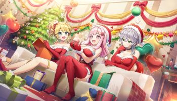 3girls :d balloon blonde_hair box breasts christmas christmas_ornaments christmas_present christmas_tree cleavage closed_mouth couch crosshair crosshair_pupils dolphin_wave dress fang fur-trimmed_dress fur-trimmed_gloves fur-trimmed_headwear fur-trimmed_socks fur_trim game_cg gift gift_box gloves green_eyes grey_hair hair_ornament hairclip hat highres holding holding_snow_globe izumi_kiri large_breasts leaning_forward leaning_on_object long_hair looking_at_another low-tied_sidelocks medium_breasts medium_hair midriff multiple_girls nacht_(dolphin_wave) non-web_source octopus_hair_ornament official_art on_couch ootomo_takuji open_mouth pink_eyes pink_hair red_dress red_gloves red_hat red_socks red_thighhighs santa_costume santa_dress santa_hat sarah_anthony short_hair side_ponytail sidelocks sitting smile snow_globe socks thighhighs wavy_hair