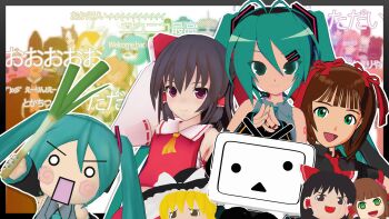 3d 6+girls absurdres amami_haruka animasa_model_(mikumikudance) antenna_hair aqua_eyes aqua_hair aqua_necktie brown_hair cameo character_request chibi crossover dual_persona food green_eyes hachune_miku hair_between_eyes hair_ornament hakurei_reimu hatsune_miku headset highres holding holding_food holding_spring_onion holding_vegetable idolmaster japanese_clothes kagamine_rin kio_(majin_kz) kirby kirby_(series) kirisame_marisa long_hair looking_at_viewer megurine_luka meme miko mikumikudance_(medium) multiple_boys multiple_girls necktie niconico nintendo red_eyes rin_no_youchuu shiteyan'yo short_hair smile special_week_(umamusume) spring_onion takoluka terebi-chan touhou translation_request twintails umamusume variant_set vegetable vocaloid yukkuri_shiteitte_ne
