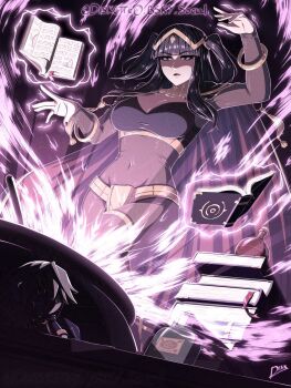 1girl artist_name black_eyes black_hair black_nails blunt_bangs bodystocking book breasts cape cauldron character_doll circlet cleavage commentary covered_navel diskette doll english_commentary fingernails fire_emblem fire_emblem_awakening floating floating_book floating_object highres jewelry large_breasts long_hair male_robin_(fire_emblem) nintendo open_mouth pelvic_curtain pile_of_books potion purple_cape solo tharja_(fire_emblem) two_side_up