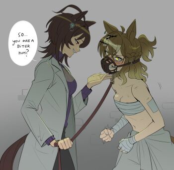 2girls agnes_tachyon_(umamusume) ahoge animal_ears bandaged_arm bandaged_hand bandages blonde_hair boro^2 braid breasts brown_hair chest_sarashi cleavage clenched_hand clenched_teeth commentary english_commentary english_text gradient_hair grin hair_ornament hairclip half_updo hand_on_another's_chin highres holding holding_leash horse_ears horse_girl horse_tail jungle_pocket_(umamusume) lab_coat leash long_sleeves multicolored_hair multiple_girls muzzle_(mask) navel red_eyes sarashi smile sweat sweater tail teeth umamusume x_hair_ornament yellow_eyes yuri