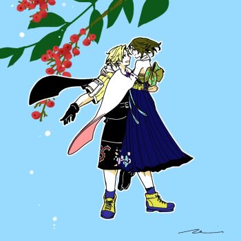 1boy 1girl arm_around_shoulder back_bow bare_shoulders berry black_boots black_gloves black_overalls blonde_hair blue_background blue_skirt boots bow brown_hair closed_mouth couple detached_sleeves final_fantasy final_fantasy_x full_body gloves gradient_sleeves halterneck hand_in_another's_hair hetero jacket japanese_clothes leaf long_skirt looking_at_another medium_hair mochi_(hanamaruudondesu) nontraditional_miko obi overalls parted_lips pink_sleeves pleated_skirt sash shirt short_hair signature skirt smile tassel tidus white_shirt white_sleeves yellow_boots yellow_jacket yuna_(ff10)