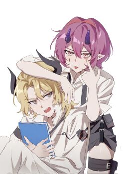 1boy 1girl akanbe amo20839453 arknights ascalon_(arknights) black_horns blonde_hair book chinese_commentary closed_mouth commentary_request eyelid_pull grey_eyes hair_between_eyes hair_intakes highres holding holding_notebook horns leaning leaning_on_person long_sleeves looking_at_viewer manfred_(arknights) notebook open_mouth pink_eyes pink_hair pointy_ears purple_horns shirt short_hair simple_background teardrop_facial_mark thigh_strap tongue tongue_out white_background white_shirt
