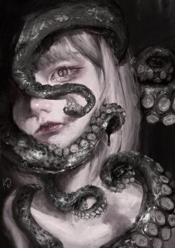 1girl arai_bokuseki commentary expressionless grey_hair highres ink looking_at_viewer original pink_eyes short_hair slit_pupils solo suction_cups surreal tentacles upper_body