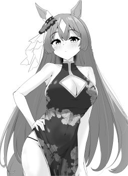 1girl absurdres alternate_costume animal_ears breasts cleavage cleavage_cutout clothing_cutout commentary_request greyscale gryebooks highres horse_ears horse_girl horse_tail large_breasts long_hair looking_at_viewer monochrome satono_diamond_(umamusume) simple_background solo tail umamusume white_background