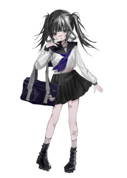 1girl absurdres bag bag_charm bandaid bandaid_on_face bandaid_on_nose black_boots black_hair black_sailor_collar black_skirt blue_neckerchief boots charm_(object) fishnet_socks fishnets full_body hand_up hayu_(hayu0305) highres long_hair long_sleeves looking_at_viewer miniskirt neckerchief original pleated_skirt sailor_collar school_bag school_uniform serafuku shirt simple_background skirt socks solo standing twintails white_background white_shirt