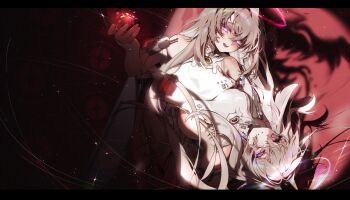 Rule 34 | 1girl, absurdres, apple, arm up, bare shoulders, blush, boots, breast press, breasts, chaos zero nightmare, detached sleeves, dual persona, food, fruit, grey hair, hair between eyes, halo, highres, holding, holding food, holding fruit, horns, large breasts, leotard, long hair, looking at another, mechanical horns, mind break, open mouth, purple eyes, red background, sereniel (chaos zero nightmare), sideboob, sidelocks, symmetrical docking, t1milikes2, white leotard, white sleeves