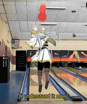 1girl absurdres american_flag argarad ball black_pantyhose boots bowling_alley brown_boots capelet commentary commentary_request earrings english_commentary english_text flag frieren from_behind full_body grey_hair highres instagram_username jewelry jumping knee_boots pantyhose pointy_ears skirt solo sousou_no_frieren striped_clothes subtitled throwing twintails twitter_username white_capelet white_skirt you&#039;re_doing_it_wrong