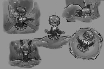 asphyxiation blush covered_in_slime drowning exhausted monochrome monochrome_background heavy_breathing pleated_skirt skirt slime stuck stuck_in_slime