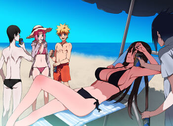 Rule 34 | 2girls, 3boys, ass, bare shoulders, bikini, black hair, black male swimwear, black swim briefs, blonde hair, breasts, genderswap, genderswap (mtf), haruno sakura, hat, male swimwear, multiple boys, multiple girls, naruto (series), naruto shippuuden, one eye closed, orange male swimwear, orange swim trunks, pink hair, sai, swim briefs, swim trunks, swimsuit, uchiha itachi, uchiha sasuke, uzumaki naruto, zokenwatarushi