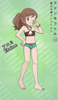 1girl armpit_crease barefoot bikini breasts brown_eyes brown_hair character_name child collarbone crease curled_fingers elaine_(pokemon) eyelashes fankifalu feet female_focus full_body halterneck hand_on_own_hip hand_up happy head_tilt heel_up highres japanese_text knees legs long_hair looking_at_viewer matching_hair/eyes midriff multicolored_bikini navel neck nintendo no_headwear one_eye_closed pokemon pokemon_lgpe ponytail scan sidelocks small_breasts smile standing swept_bangs swimsuit thighs toenails toes two-tone_bikini wide_ponytail wink wrist_cuffs