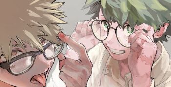 2boys adjusting_eyewear arms_up bakugou_katsuki black-framed_eyewear blonde_hair boku_no_hero_academia collared_shirt commentary facial_scar freckles glasses green_eyes green_hair grey_background looking_at_viewer male_focus midoriya_izuku multiple_boys multiple_scars open_collar peta0_02mm red_eyes scar scar_on_cheek scar_on_face scar_on_hand shirt simple_background smile spiked_hair symbol-only_commentary teeth tongue tongue_out white_shirt