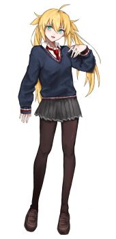 1girl ahoge artoria_caster_(fate) artoria_pendragon_(fate) black_pantyhose blonde_hair fate/grand_order fate_(series) green_eyes highres long_hair machi_ne necktie pantyhose pleated_skirt red_necktie skirt sweater twintails twitter_username white_background