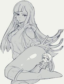 1girl bare_shoulders blunt_ends boots breasts censored character_censor clothes_lift glemy_toto gou_(gogo_xo) greyscale gundam gundam_zz highres large_breasts long_hair monochrome novelty_censor open_mouth pantyhose roux_louka shine simple_background skirt skirt_lift sweatdrop very_long_hair