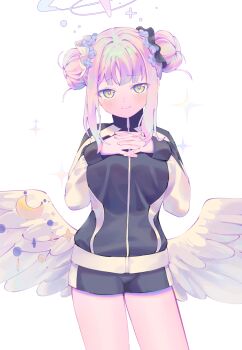 1girl absurdres blue_archive blue_flower blush breasts double_bun feathered_wings flower hair_bun hair_flower hair_ornament halo hands_on_own_chest highres interlocked_fingers jacket large_breasts long_sleeves looking_at_viewer mika_(blue_archive) mika_(track)_(blue_archive) official_alternate_costume pink_hair short_shorts shorts simple_background smile solo sparkle white_background white_wings wing_ornament wings yellow_eyes yu1_na12
