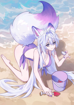 1girl absurdres animal_ear_fluff animal_ears bare_legs bare_shoulders barefoot bikini breasts bucket cleavage closed_mouth collarbone commentary crab extra_ears feet fingernails fox_ears fox_girl fox_tail front-tie_bikini_top front-tie_top hair_between_eyes hair_intakes highres holding_seashell kneeling large_breasts legs light_smile long_hair looking_at_viewer luo_shun_yao meng_xi_xuan nail_polish original outdoors purple_bikini purple_eyes purple_nails revision sand shore shovel side-tie_bikini_bottom sidelocks soles solo swimsuit tail thighs toes very_long_hair water white_hair