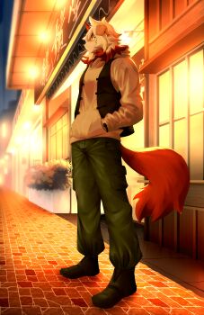 1boy absurdres animal_ears arknights black_footwear black_vest bush candy chinese_commentary food from_side furry furry_male green_pants hand_in_pocket highres hood hoodie horns hung_(arknights) lollipop looking_to_the_side male_focus multicolored_hair mythological_creature pants road sidewalk single_horn standing streaked_hair street tail vest white_hoodie yotchan-ika