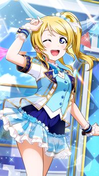 1girl alternate_hairstyle aqua_bow aqua_scrunchie aqua_skirt artist_name artist_request ayase_eli bare_legs blonde_hair blue_eyes blue_wrist_cuffs blush bow bowtie breasts buttons detached_collar diamond_(gemstone) dress dress_shirt feathers female_focus flower frilled_dress frills hair_between_eyes hair_flower hair_ornament hair_scrunchie highres long_hair looking_at_viewer love_live! love_live!_school_idol_festival love_live!_school_idol_project miniskirt nail_(hardware) nail_polish parted_lips pink_nails plaid_clothes plaid_skirt pleated pleated_skirt ponytail scrunchie shirt short_hair short_sleeves side_ponytail skirt smile solo sparkle white_detached_collar white_feathers white_skirt wrist_cuffs