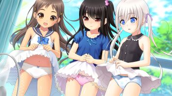 3girls :d adachi_tenka bare_shoulders black_hair blue_bow blue_eyes blue_panties blush bow bow_panties brown_eyes brown_hair clothes_lift cube_hair_ornament dress dress_lift fanning_crotch game_cg hair_ornament hair_ribbon hairclip hand_fan highres jpeg_artifacts komako_semenovich loli long_hair multiple_girls nonohara_miki official_art one_side_up open_mouth panties pink_panties polka_dot polka_dot_panties print_panties ribbon sailor_dress sayama_chie shoujo_ramune side_ponytail silver_hair skirt skirt_lift smile tan tanline twintails underwear white_panties wind